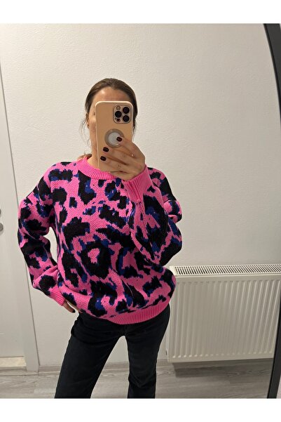 Miyu Accessories Miyu Kadın Leopar Desen Fuşya Kazak