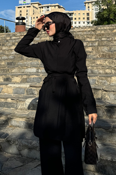 QLAY Tunica neagra pentru femei Modal - Buzunar si centura