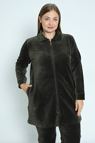 İntensive Women's Plus Size Khaki Zip Pocket Long-Sleeved Cotton Velvet Bottom Top Suit