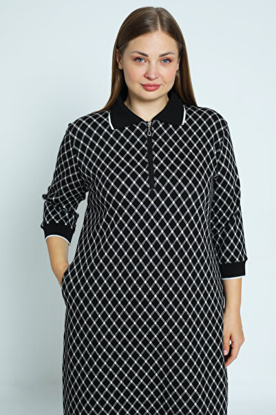 İntensive γυναικείο plus size καρό μανίκι τριών τετάρτων φόρεμα ζακάρ λίκρα με φερμουάρ στο λαιμό