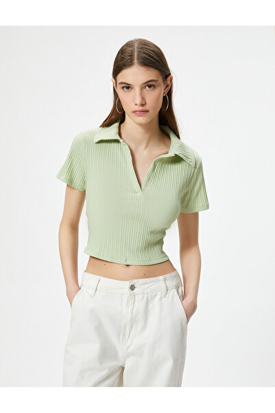 Koton Kurzärmliges, geripptes Baumwoll-Crop-T-Shirt mit Rollkragen