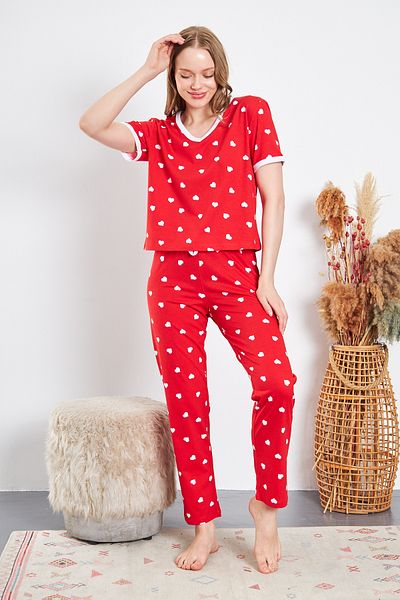 CrazyShopping Women's 2-Piece Set T-shirt/Pajama Metrag Printed Cotton Knitted Heart Pajama Set
