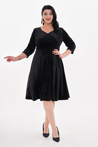 IŞILTI Βελούδινο Lycra Midi βραδινό φόρεμα σε μεγάλο μέγεθος - Διπλό λαιμόκοψ...