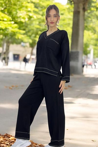 yagmurberen Stitch Patterned 100% Acrylic V-Neck Bottom Top Kit Set