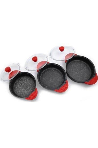 Burak Eda 3-Piece Gray Granite Pan Set - Glass Lid and Silicone Handle