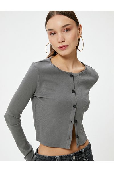 Koton Button-Down T-Shirt Long Sleeve Crew Neck Slim Fit Cotton