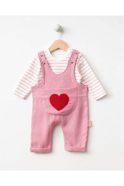 NUNU BABY Pink Salopet Set - Heart Punch Embroidered