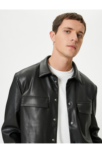 Koton Çıtçıt Düğme Detaylı Kapaklı Cepli Gömlek Yaka Slim Fit Suni Deri Ceket