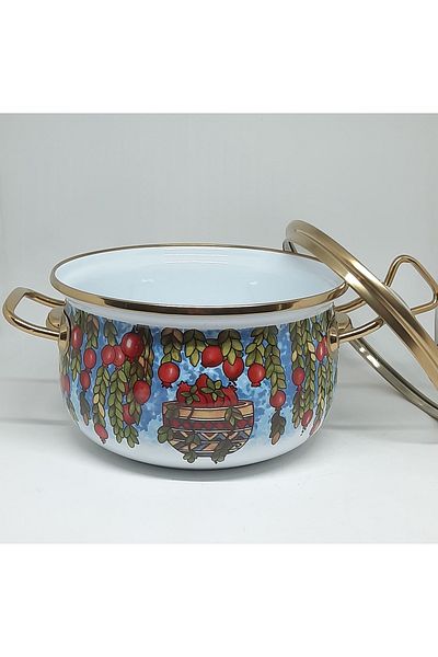 Avşar Enamel House 18 cm 2 Liter Pomegranate Basket Vintage Decored Enamel Pot