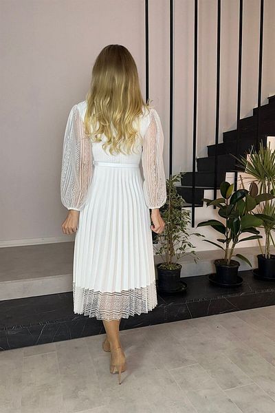 gesmoda G0015 Lace Detail Pleated Dress White
