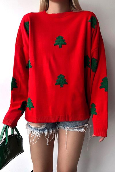 Keyifli Moda Women's Red Crew Neck Christmas Themedembossed Pine Figured Knitwear Sweater