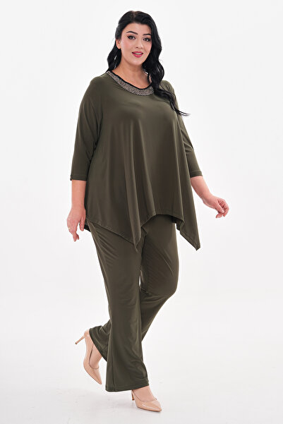 IŞILTI Σετ παντελόνι με φαρδύ πόδι από ύφασμα Sendy με κεντημένο γιακά σε μεγάλο μέγεθος 5001