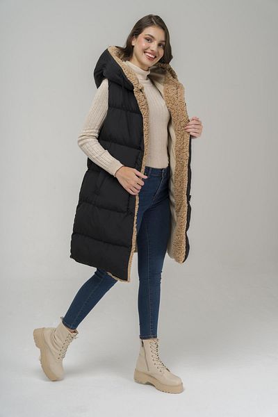 Olcay Doppelseitige Fleece-Pufferweste mit Kapuze, Schwarz-Stein 8227
