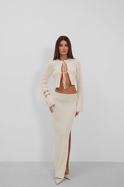 Black Fashion Bow Cardigan Slit Skirt Knitwear Ecru Set
