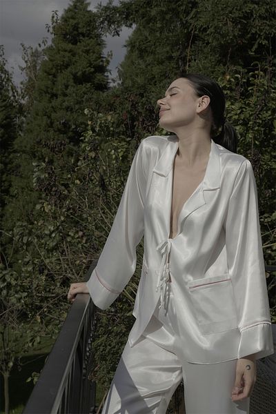 Mita Concept White Satin Tie Pijamas Set