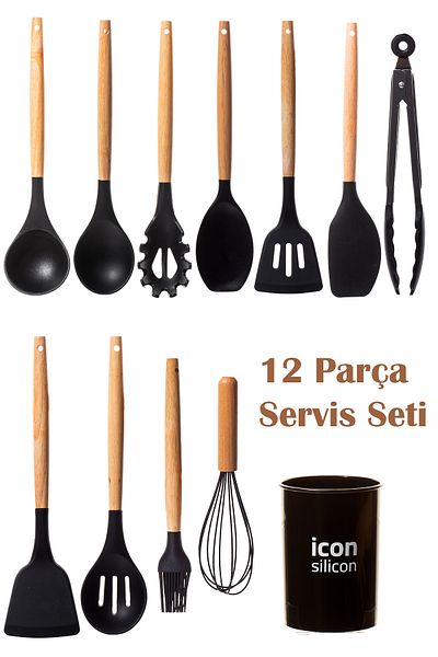 Porsima 713 12 Pieces Silicone Heat Resistant with Stand Spatula Kitchen Serving Set Serving Prep Set