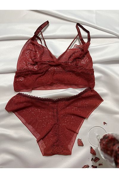 Lunary Non-wired Tulle Lace Embroidered Pomegranate Flower Bra Bralet Set - Women's Underwear