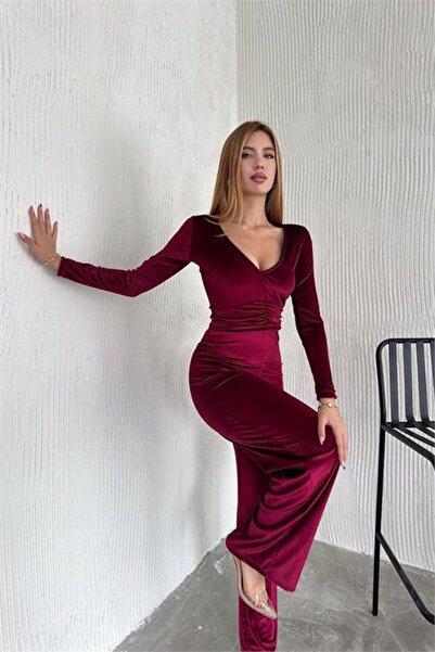 Dipmoda Dipmoda Kadın V-yaka Büzgü Detaylı Kadife Tulum Dpk2197