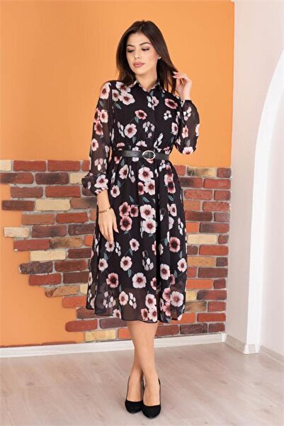 Dipmoda rochie de damă guler de cămașă curea li imprimeu floral din șifon DPR...