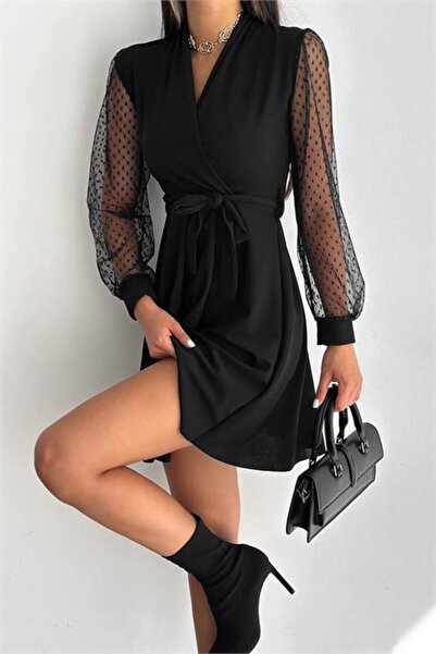 Dipmoda rochie neagră de damă cu detaliu de legătură detaliu din tul cloș DPK...