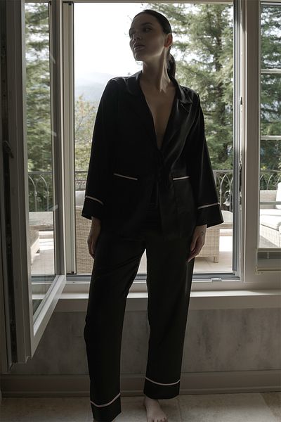 Mita Concept Black Satin Tie Pijamas Suit