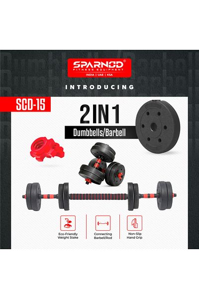 Sparnod Fitness SCD-15 15Kg  2-in-1 Dumbbells/Barbell Set, 3-Step Assembly, PVC Coated, Eco-Friendly