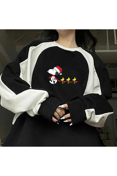 Touz Moda Πρωτοχρονιάτικο Snoopy Printed Unisex Μαύρο Oversize Φούτερ - Crew Neck