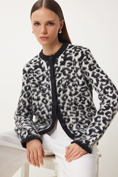 Swana Плетен кардиган с къса брада и леопардов принт - черен