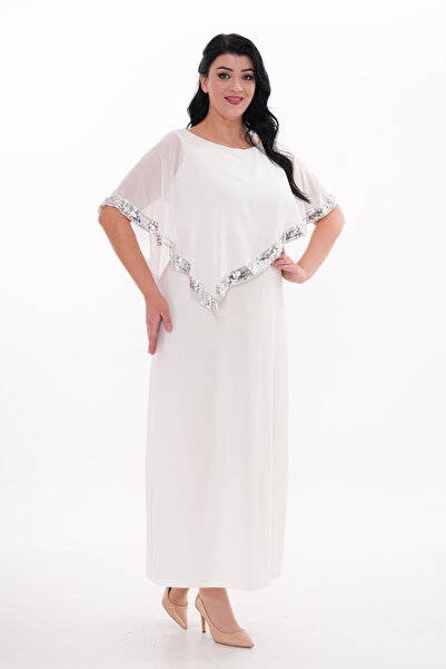 IŞILTI Plus Size Chiffon with Cape for Brother Sequin Detail Slit Long Brother Dress 3119