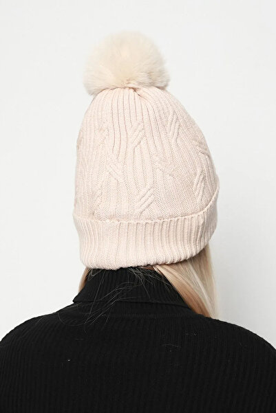 REMSA Women's Wool Beret with Beads and Pompom Detail - Rkş-18 Beige