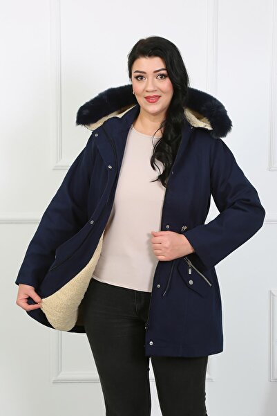 By Alba Collection Women's Navy Blue Gabardine Fabric Wool Large Size Coat