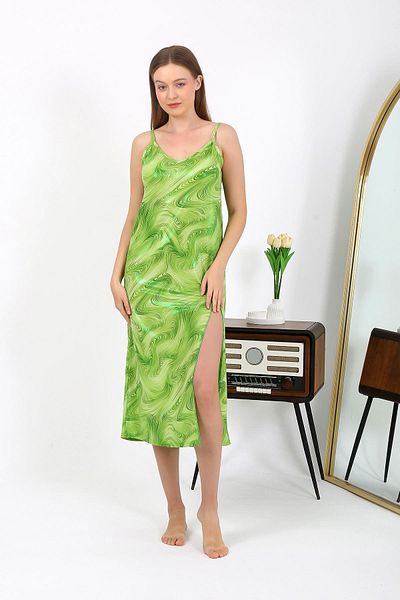 Akbeniz Green Micro Shiny Long Dress - Rope Strap, Nightgown 7415