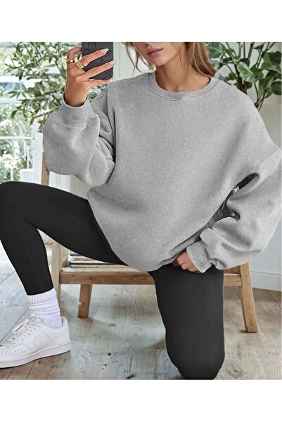 Elfa Tekstil Γυναικείο Γκρι Φούτερ - Με Απλό Τύπωμα, Λαιμόκοψη Ποδηλάτου