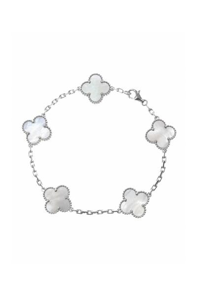 MİRHASARBUTİK Çelik Gümüş Renk Beyaz Sedefli Yonca Bileklik