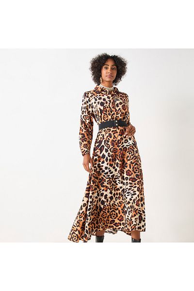 Iconic Animal Print Maxi Dress With Collar And Long Sleeves