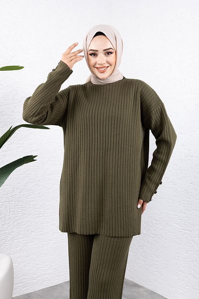 Tesettür Dünyası Costum de tricotaj kaki - mânecă detaliată cu nasturi, TSD 240947