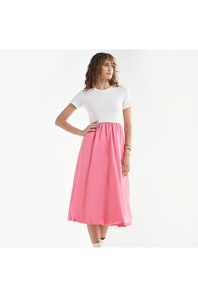FAV Colourblock A-line Dress with Round Neck and Short Sleeves