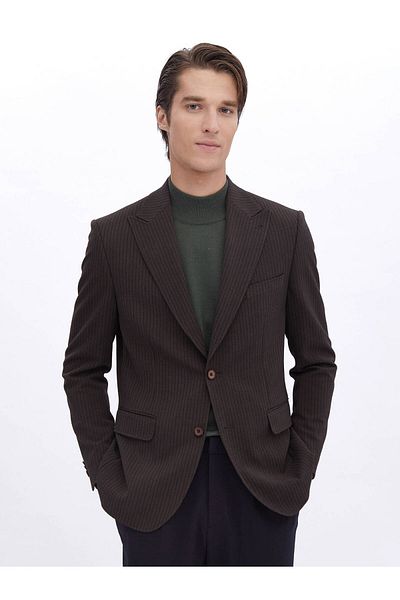 Kip Brown Striped Modern Fit Jacket