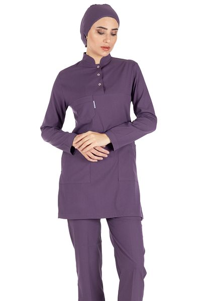 Alsancak Üniforma Set de tricou pentru asistentă hijab din țesătură groasă din Lycra de prune și set de tricou pentru doctor hijab