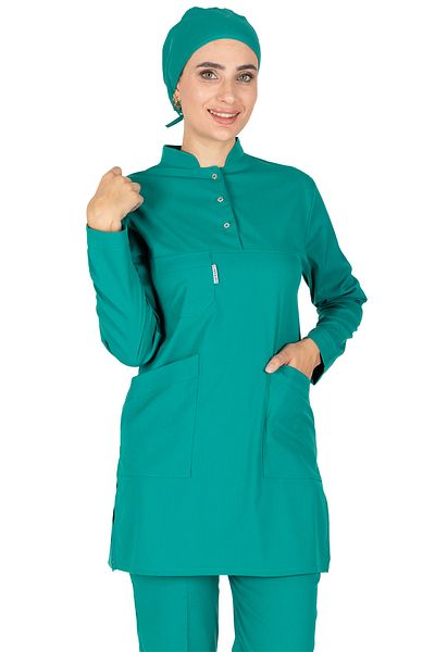 Alsancak Üniforma Surgical Green Thin Fabric Lycra Hijab Nurse Jersey and Hijab Doctor's Jersey Set