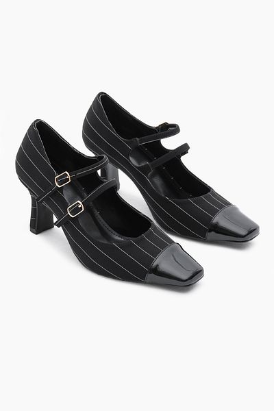Tonny Black Pantofi cu toc cu vârf ascuțit, cu talpă Neolite, cu cataramă dublă, model în dungi