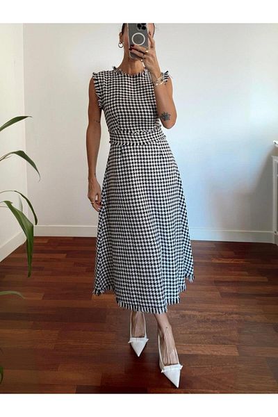 Maldia Shop Rochie midi neagră fără mâneci Tweed Houndstooth pentru femei