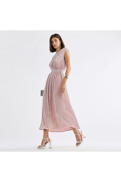 FAV All-Over Pleated Sleeveless Dress with Round Neck