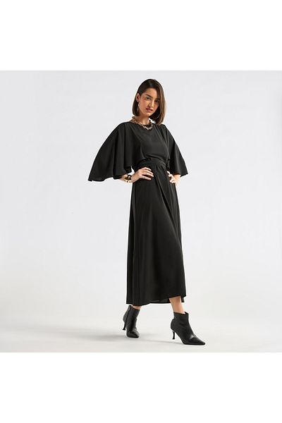 FAV Solid Midi Dress with Flutter Sleeves and Tie-Up Belt