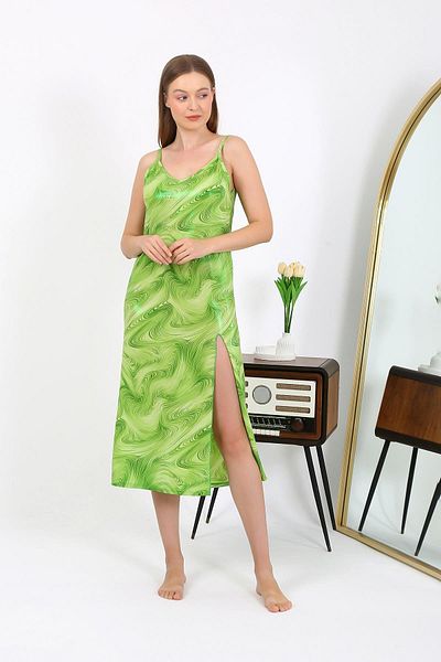 Akbeniz Green Micro Shiny Long Dress - Rope Strap, Nightgown 7415