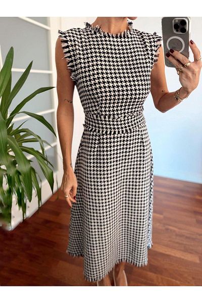 Maldia Shop Rochie midi neagră fără mâneci Tweed Houndstooth pentru femei