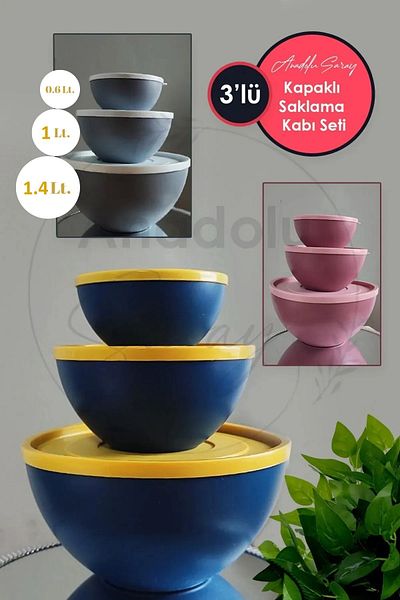 Anadolu Saray 3-Piece Round Plastic Storage Set with Colorful Lids - 0.6L 1L 1.4L Mixing Bowl