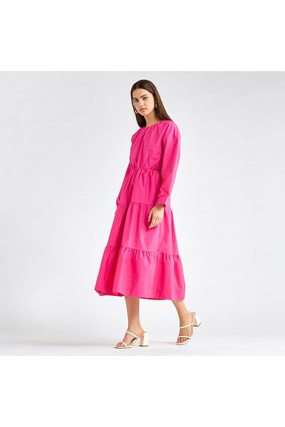 FAV Solid Tiered Long Sleeves Dress with Cord Lock Waist