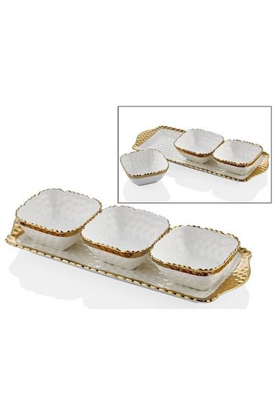 Joy Carmen 3-Piece Hammered White Gold Porcelain Breakfast Set - 36cm with Tray
