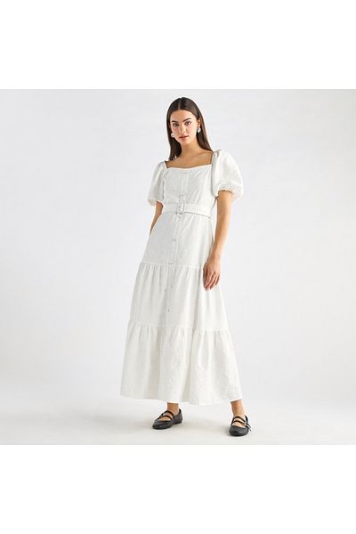 FAV Floral Textured Tiered Maxi Dress with Short Puff Sleeves and Square Neck